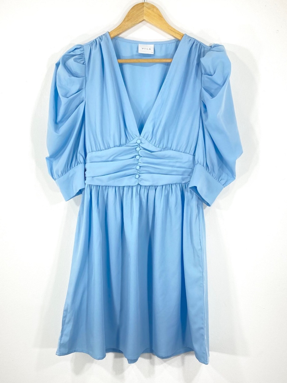 VILA Sky Blue V-Neck Mini Dress with Puff Sleeves